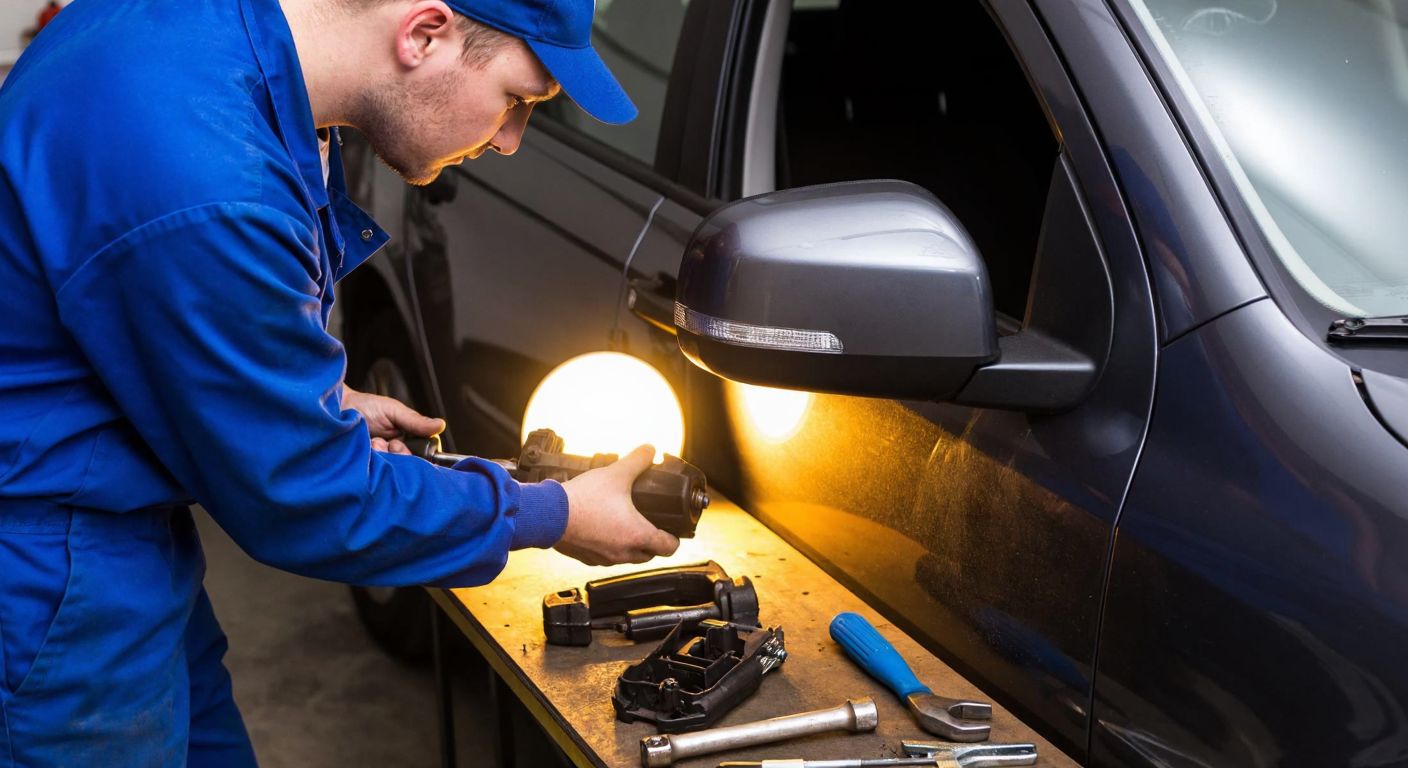 A mechanic in a blue jumpsuit carefully adjusts the gears of a car's folding side mirror under the warm glow of a workshop light, with tools scattered on a cluttered workbench nearby.