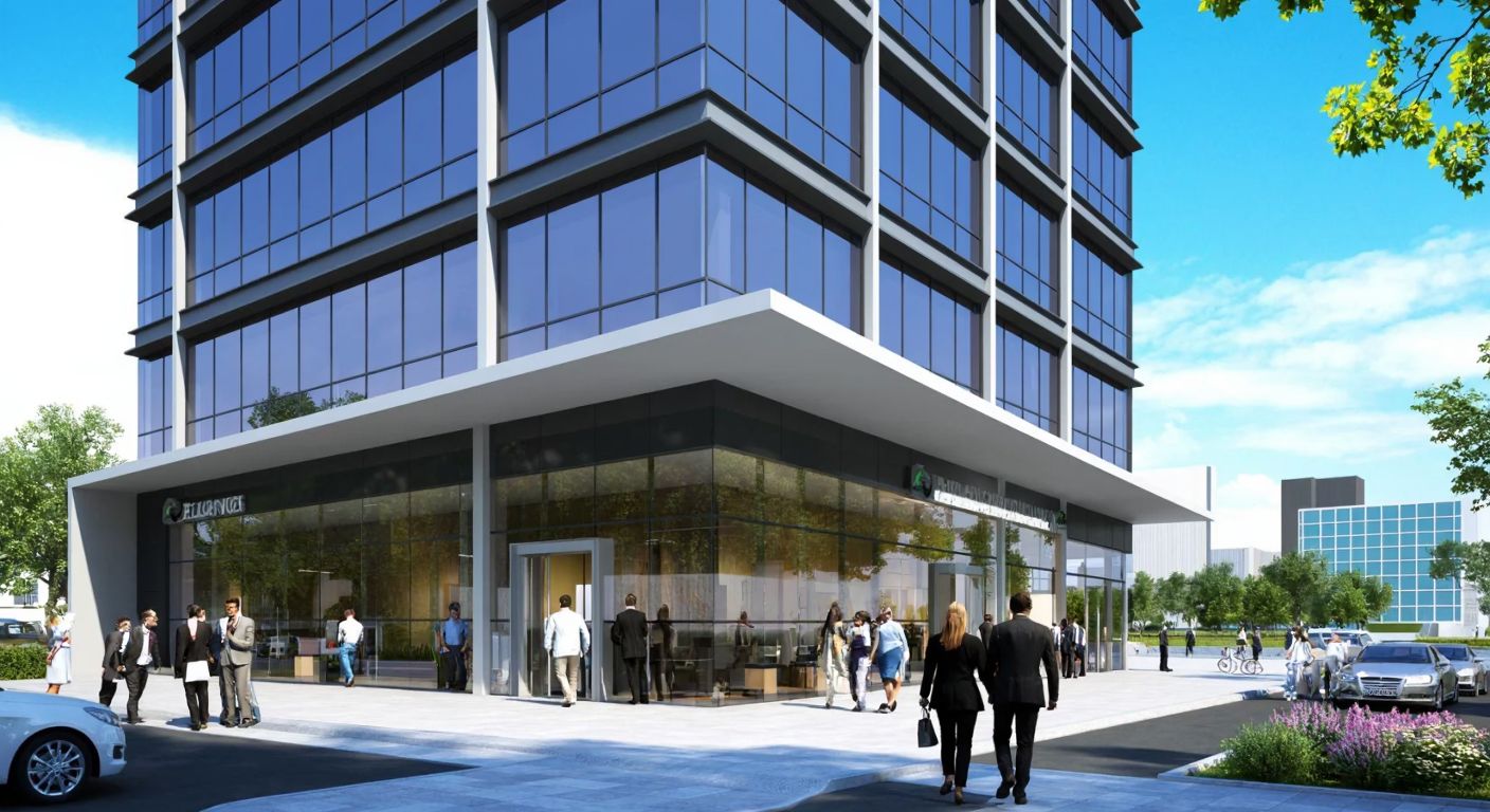 A modern office building in Ataşehir, Istanbul, with a clean glass facade and a bustling urban street scene, featuring people in business attire entering the building under a bright blue sky.