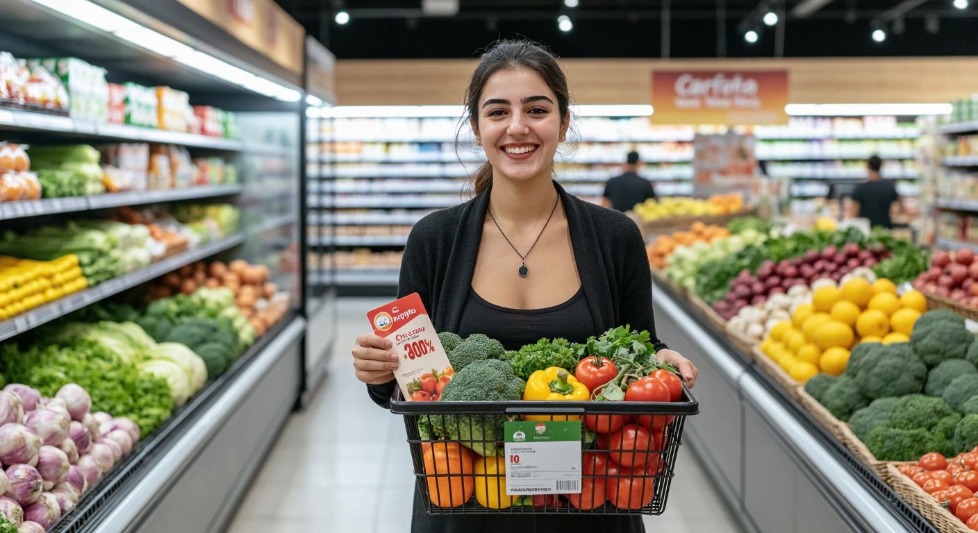 A Turkish shopper in a bright CarrefourSA supermarket aisle, smiling while holding a shopping basket filled with fresh produce and a printed discount coupon, with a checkout counter visible in the background.