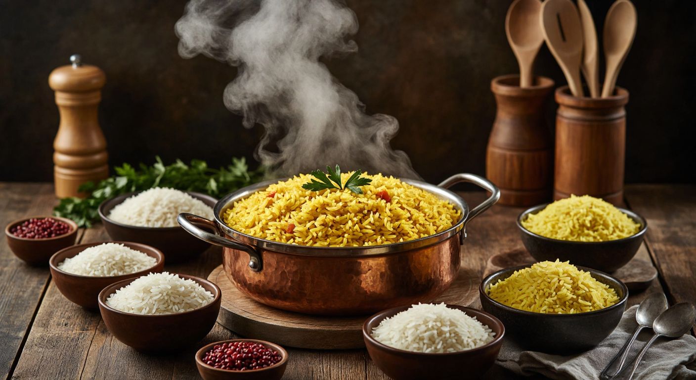 A steaming pot of golden-yellow curried rice with fragrant jasmine grains, surrounded by small bowls of baldo and Osmancık rice varieties, set on a rustic wooden table in a Turkish kitchen.