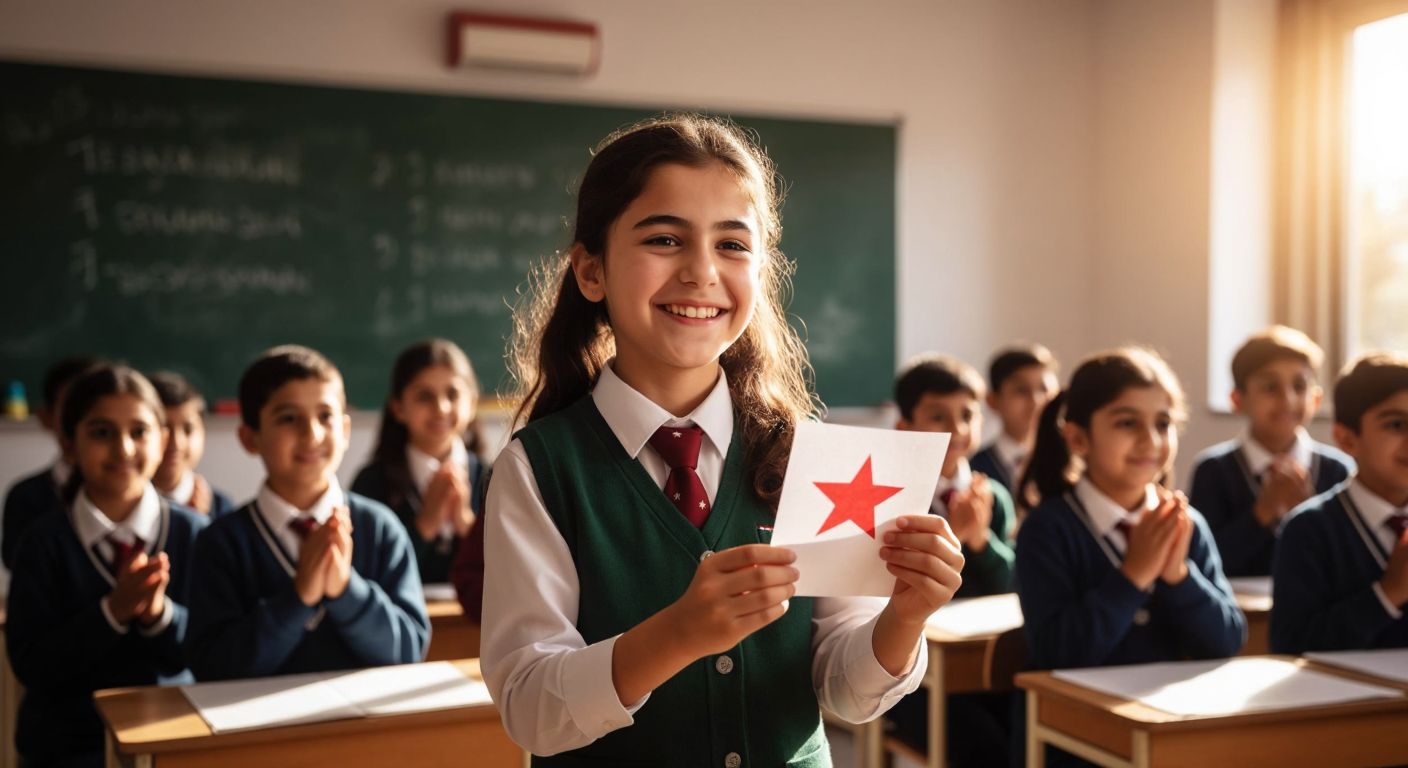 A smiling Turkish student in a school uniform proudly holds up a test paper with a bright red star, surrounded by classmates clapping in admiration in a sunlit classroom with a chalkboard in the background.