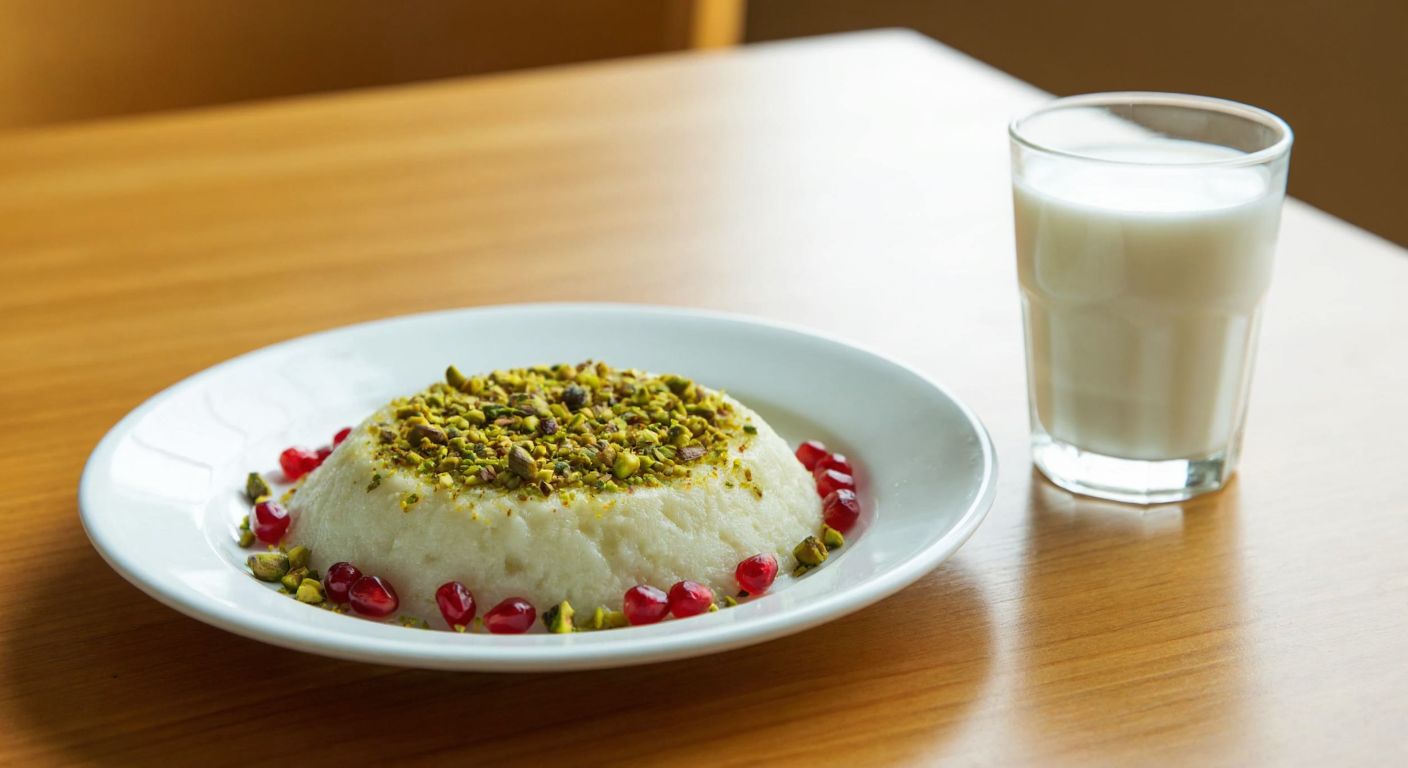 A traditional Turkish dessert plate with delicate layers of güllaç, garnished with crushed pistachios and pomegranate seeds, placed on a wooden table beside a glass of milk, evoking a sense of wholesome simplicity.