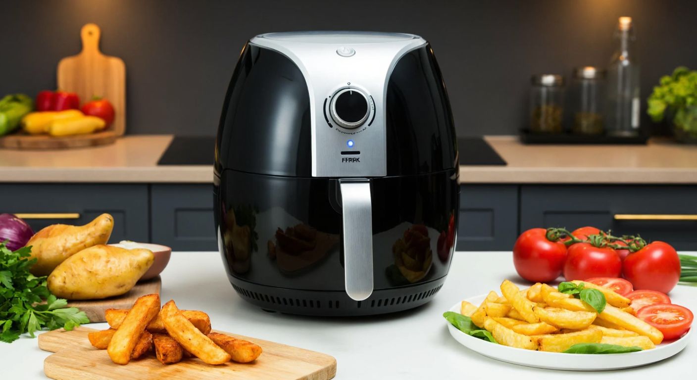 A sleek, modern air fryer sits on a Turkish kitchen counter, surrounded by fresh vegetables and golden-brown fried potatoes, emitting a warm, inviting glow.