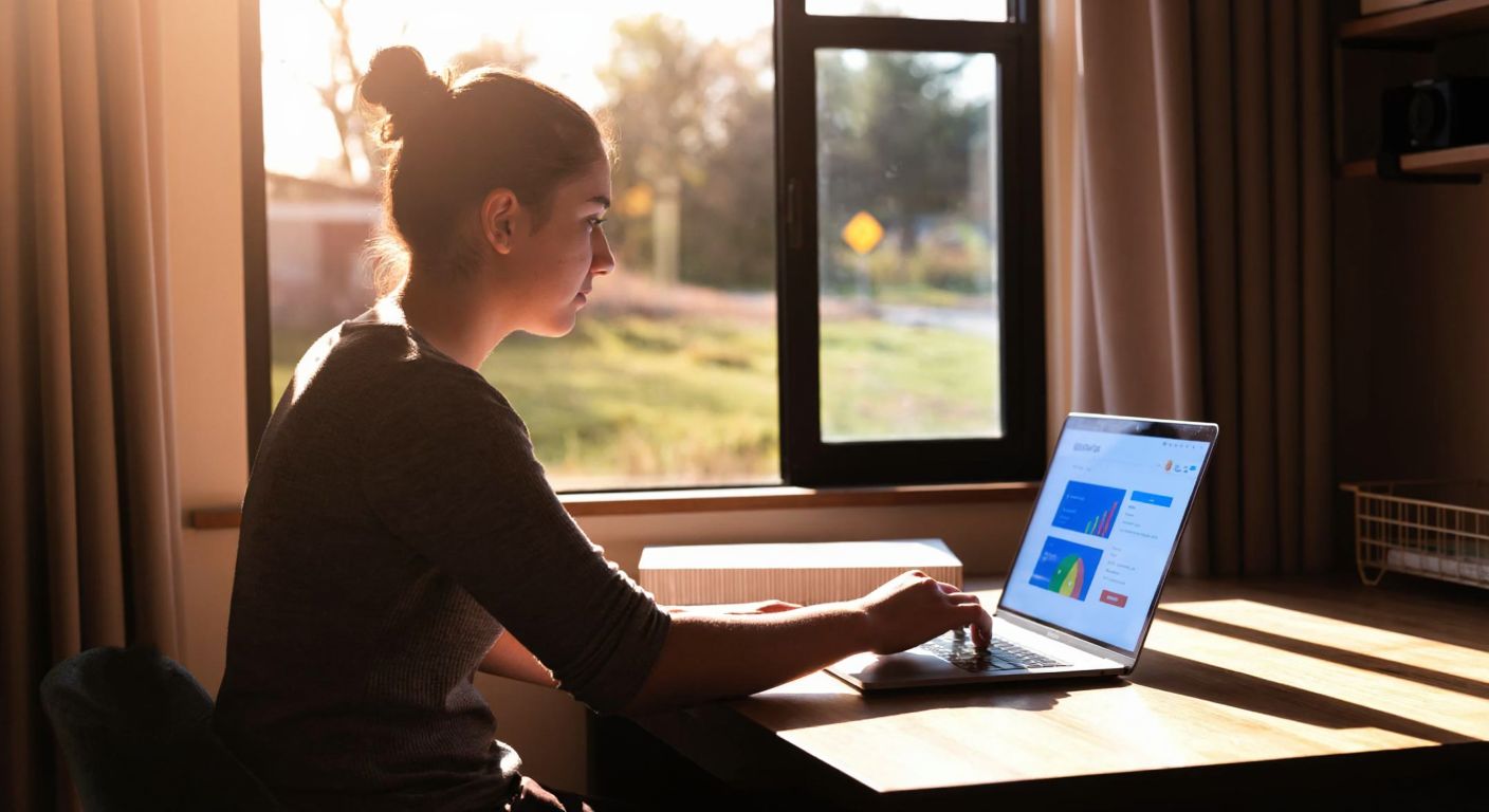 A young Turkish student with focused eyes sits at a wooden desk in a sunlit room, holding a notebook while a laptop screen displays a colorful educational interface with progress charts.