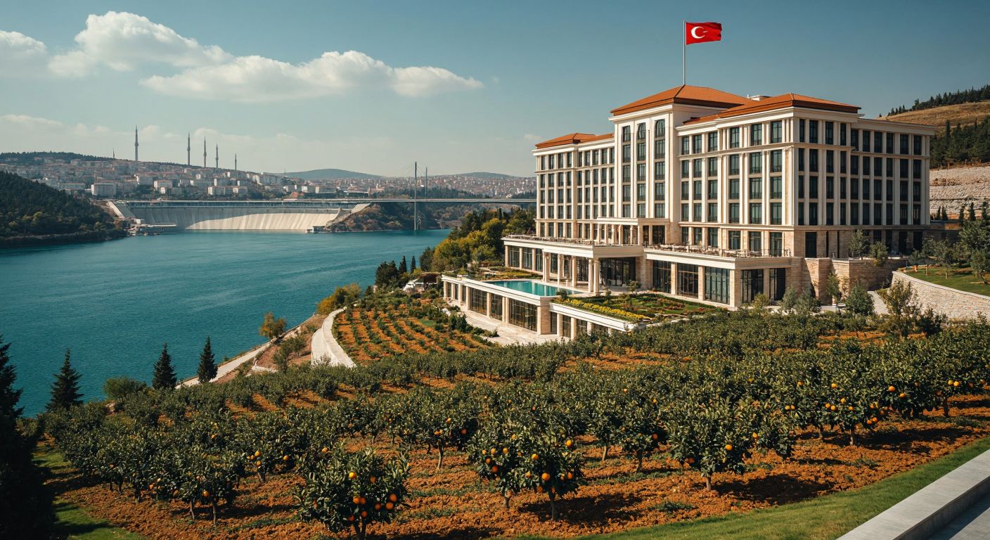 A grand, modern Turkish hotel by the Bosphorus with citrus orchards in the foreground, a hydroelectric dam in the distance, and a Coca-Cola factory in Turkmenistan subtly hinted at through a small flag.