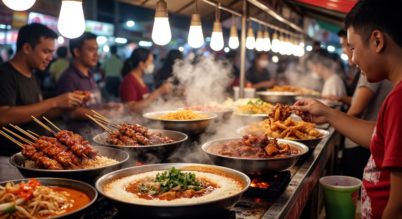 A vibrant street food stall in Malaysia with steaming plates of nasi lemak, skewered satay sizzling over charcoal, a bowl of aromatic laksa, golden roti canai, and a wok-fried char kway teow, alongside glasses of frothy teh tarik and colorful ais kacang, surrounded by eager diners under warm lantern light.