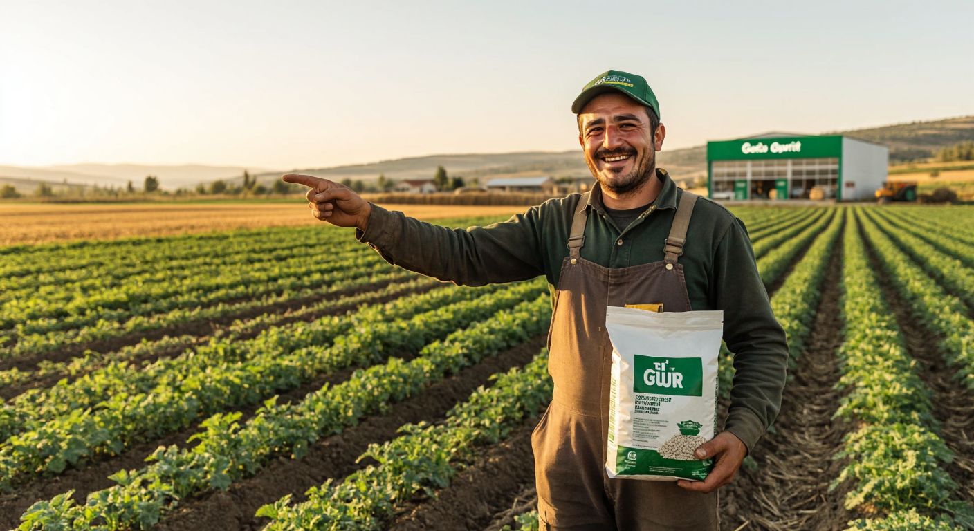 A Turkish farmer in a sunlit rural field, wearing a cap and work clothes, holds a bag of Eti Gübre fertilizer while smiling and pointing toward a distant agricultural supply store with a green sign.