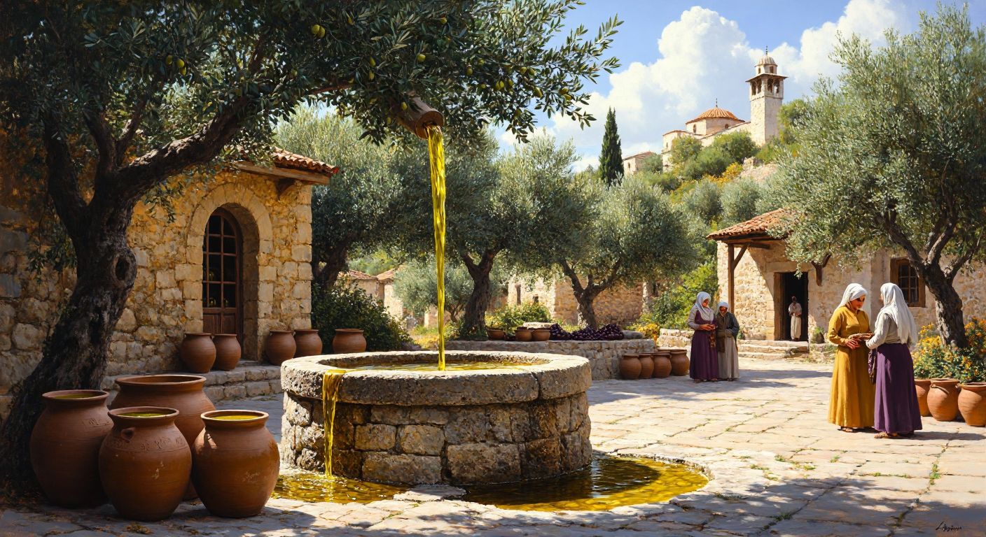 A rustic stone olive press in a sunlit village square, surrounded by olive trees and villagers in traditional Turkish attire, with golden olive oil flowing into earthenware jars.