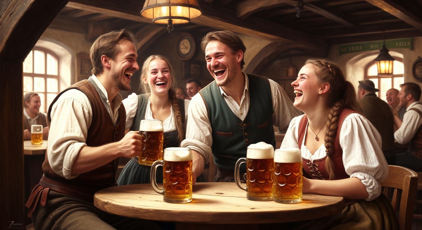 A cozy Czech tavern with wooden barrels, frothy golden beer in glass mugs, and locals in traditional attire laughing together.
