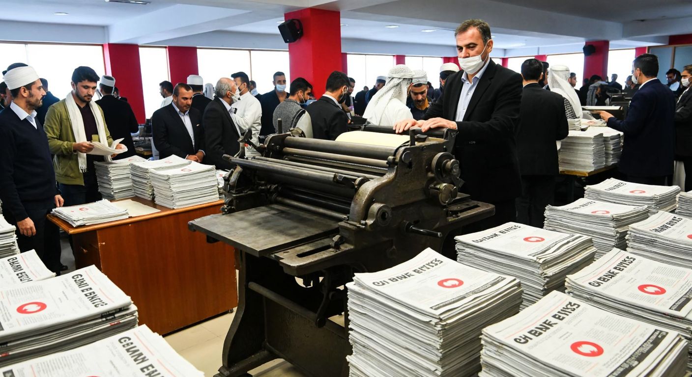 A vintage printing press in a bustling Turkish newsroom, surrounded by stacks of freshly printed newspapers with workers in traditional attire celebrating the launch of *Güne Bakış Gazetesi*.