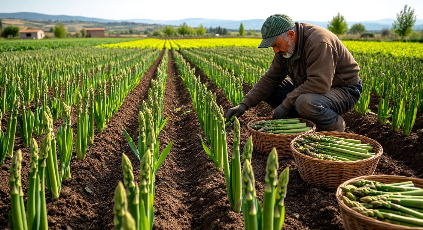 A sunlit Turkish farm field with rows of vibrant green asparagus shoots emerging from rich soil, a farmer in traditional work clothes kneeling to harvest them, and baskets overflowing with fresh asparagus nearby.