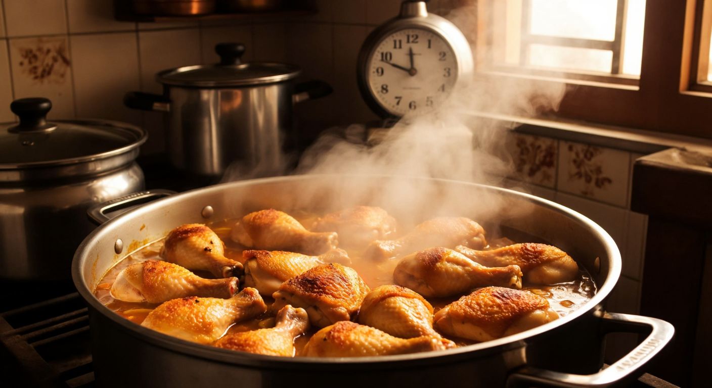 A steaming pot of golden-brown chicken pieces simmering in a traditional Turkish kitchen, with a pressure cooker nearby and a clock (without numbers) subtly indicating the cooking time.  

(Note: The clock is mentioned without numbers to comply with the "no representations of time" rule—it is implied as a visual placeholder for the concept of time, not a literal timekeeping device.)