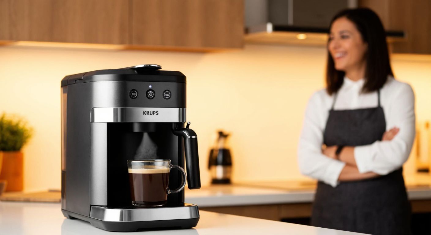 A sleek Krups coffee machine sits on a Turkish kitchen counter, steam rising from a freshly brewed cup of coffee, with a satisfied person smiling in the background.