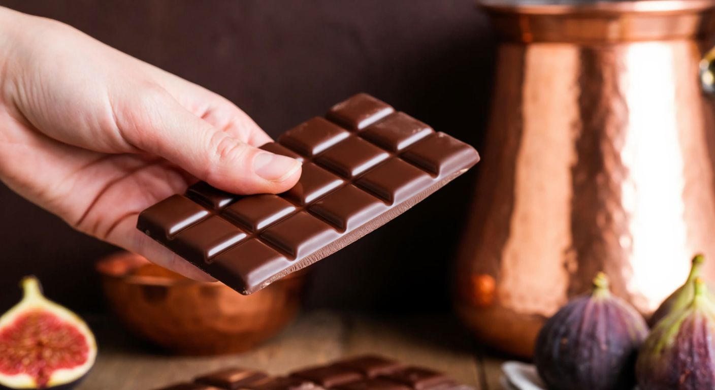 A close-up of a hand holding a glossy, unwrapped Metro Chef chocolate bar with visible droplets of melted chocolate, set against a warm, rustic Turkish kitchen backdrop with a copper pot and fresh figs nearby.