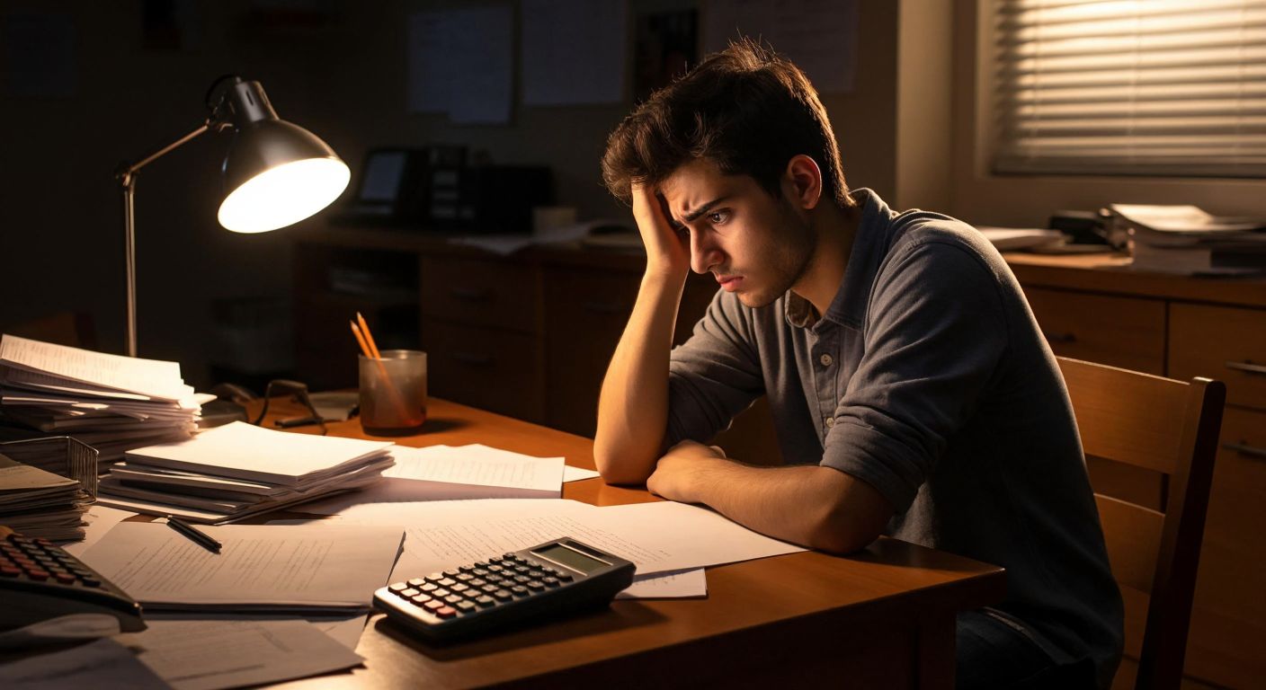 A focused Turkish student sits at a wooden desk, surrounded by scattered test papers and a calculator, anxiously scratching their head while staring at a blank answer sheet under warm lamplight.