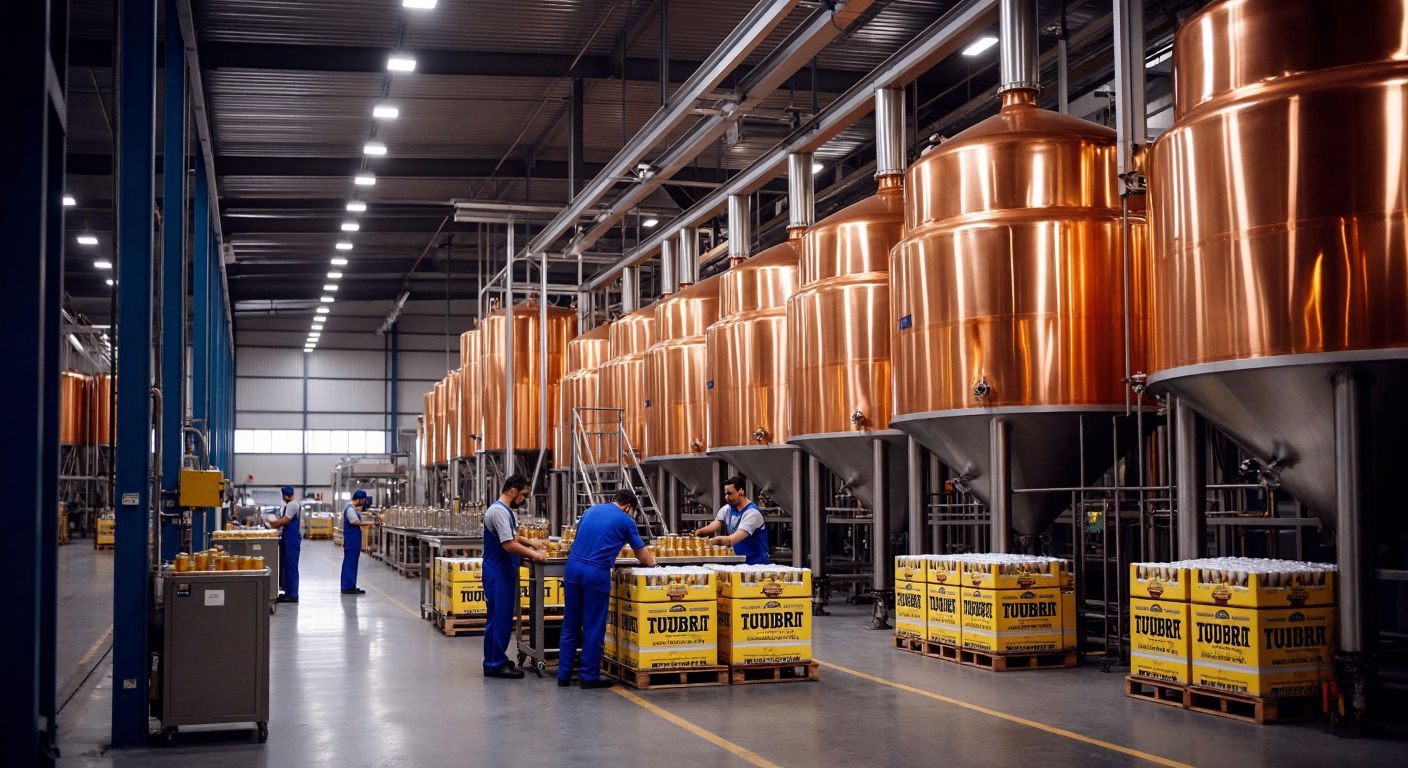 A bustling Turkish brewery with gleaming copper vats filled with golden beer, workers in blue uniforms checking production lines, and stacks of Tuborg-branded crates ready for export under warm factory lights.
