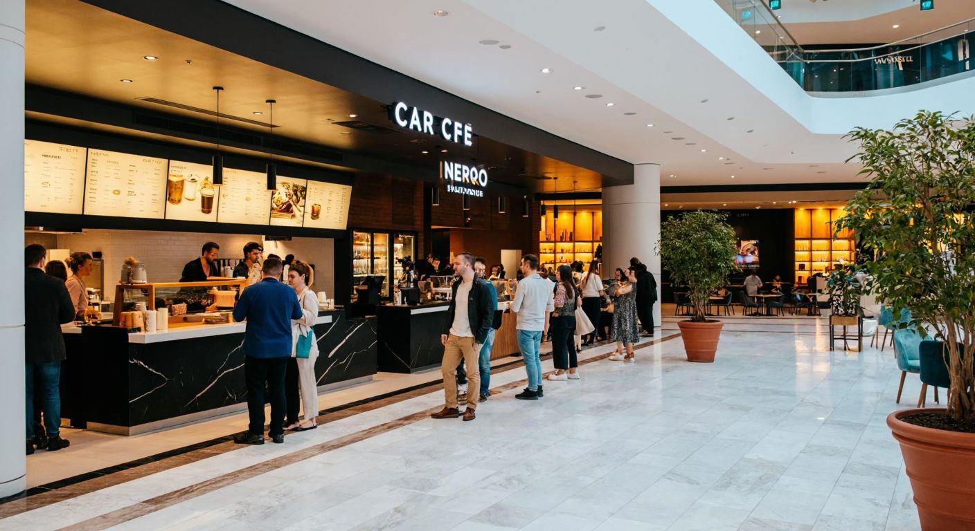 A modern, bustling mall interior with warm lighting, where people in stylish casual wear enjoy coffee at a sleek Caffe Nero counter, surrounded by potted plants and marble floors.