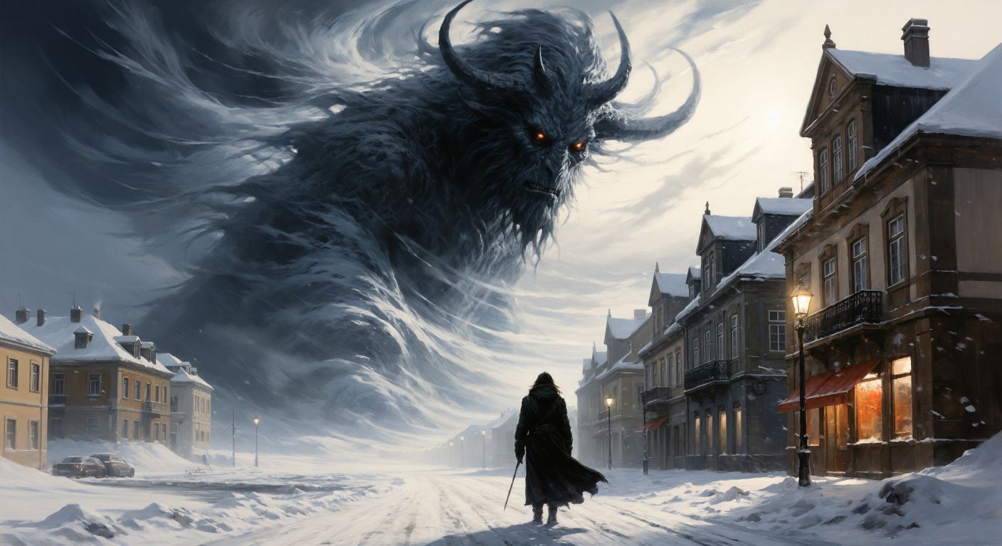 A snowy Arctic landscape with swirling winds contrasts with a shadowy mythical figure looming over a sunlit Portuguese street.