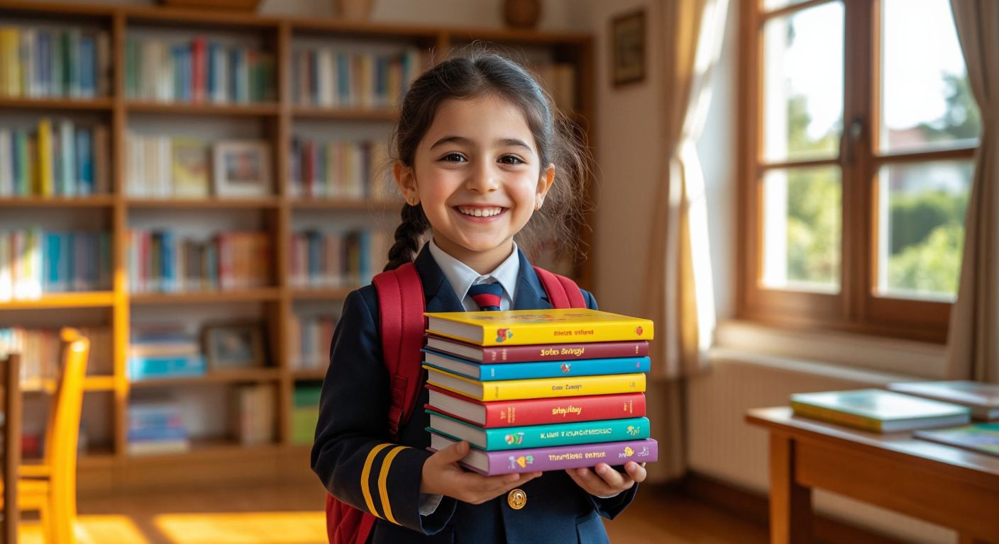 A cheerful Turkish child in a school uniform holds a stack of five colorful storybooks, smiling brightly in a sunlit classroom with a bookshelf in the background.