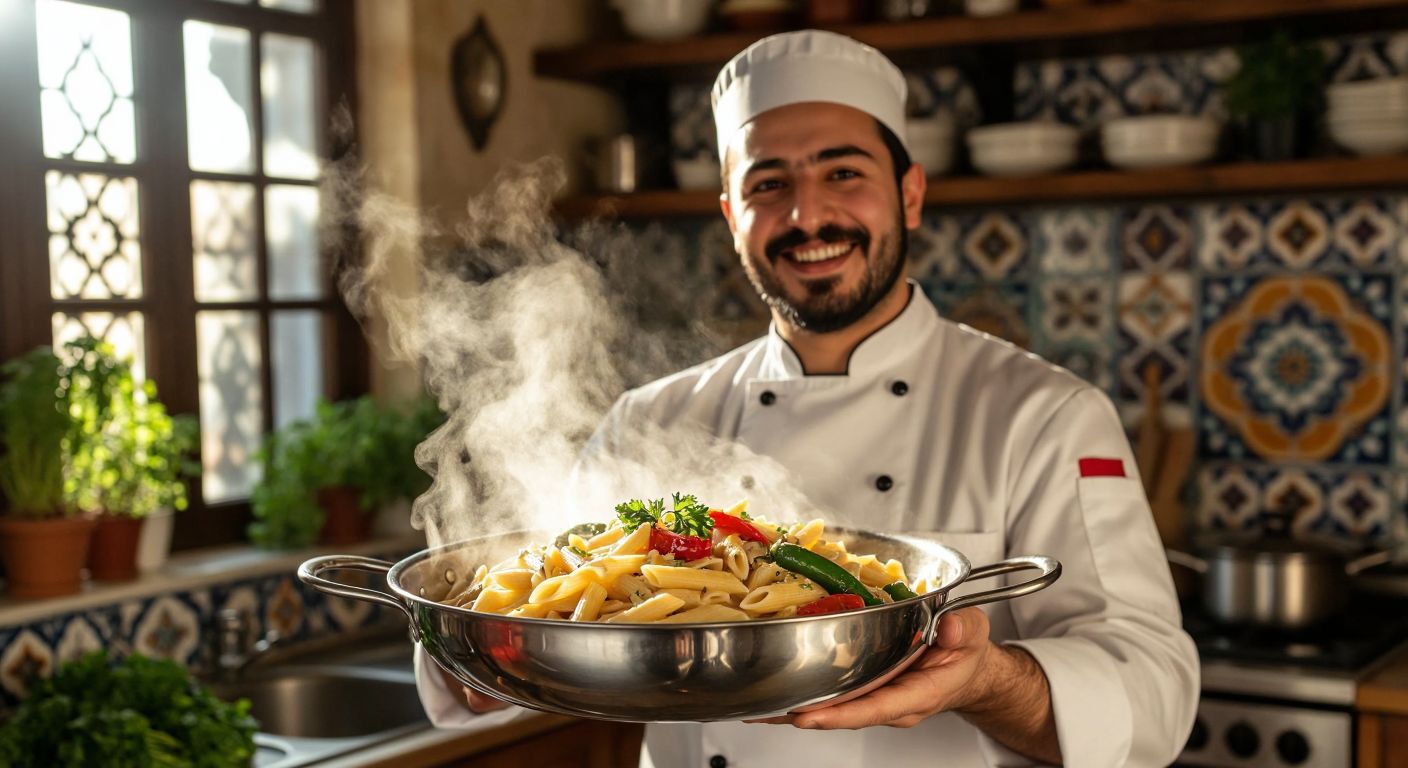 A stainless steel colander filled with steaming pasta and fresh vegetables, held by a smiling Turkish chef in a sunlit kitchen with traditional ceramic tiles in the background.