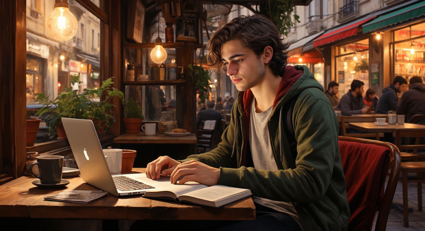 A focused young student in a cozy Turkish café, surrounded by sociology books and a laptop, eagerly browsing online with a hopeful expression.