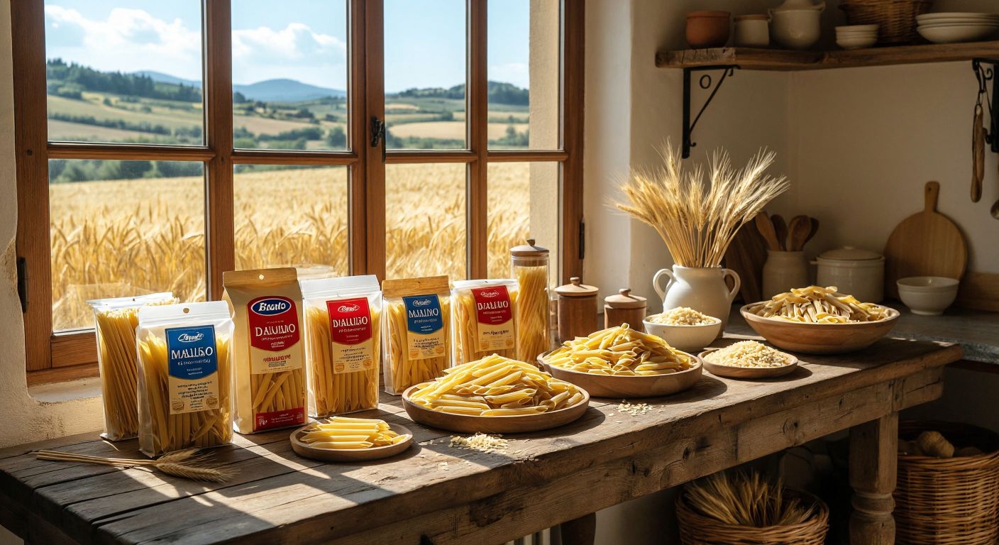 A rustic wooden table in a sunlit Italian kitchen displays neatly arranged packages of premium durum wheat pasta from Barilla, De Cecco, Rummo, La Molisana, and Divella, with golden wheat fields visible through the window.