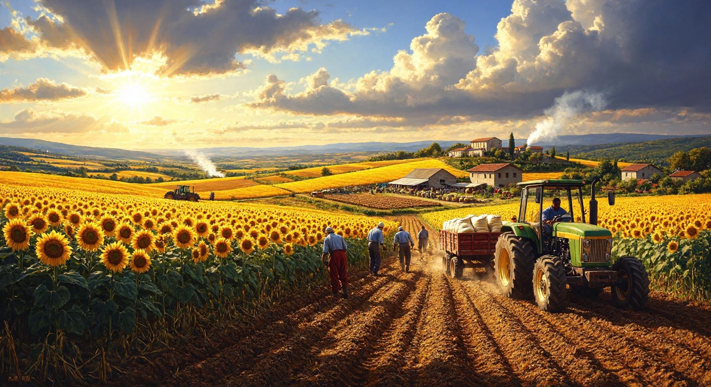 A sunlit rural landscape in Kırklareli with golden sunflower fields, a bustling agricultural cooperative building in the background, and farmers in traditional workwear unloading sacks of seeds from a tractor.