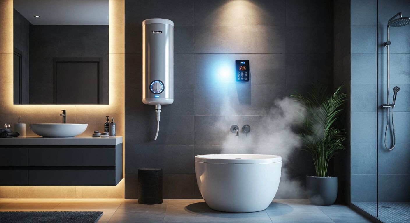 A modern Turkish bathroom with a sleek titanium water heater mounted on the wall beside a digital water heater with a glowing control panel, while warm steam rises from a ceramic sink.