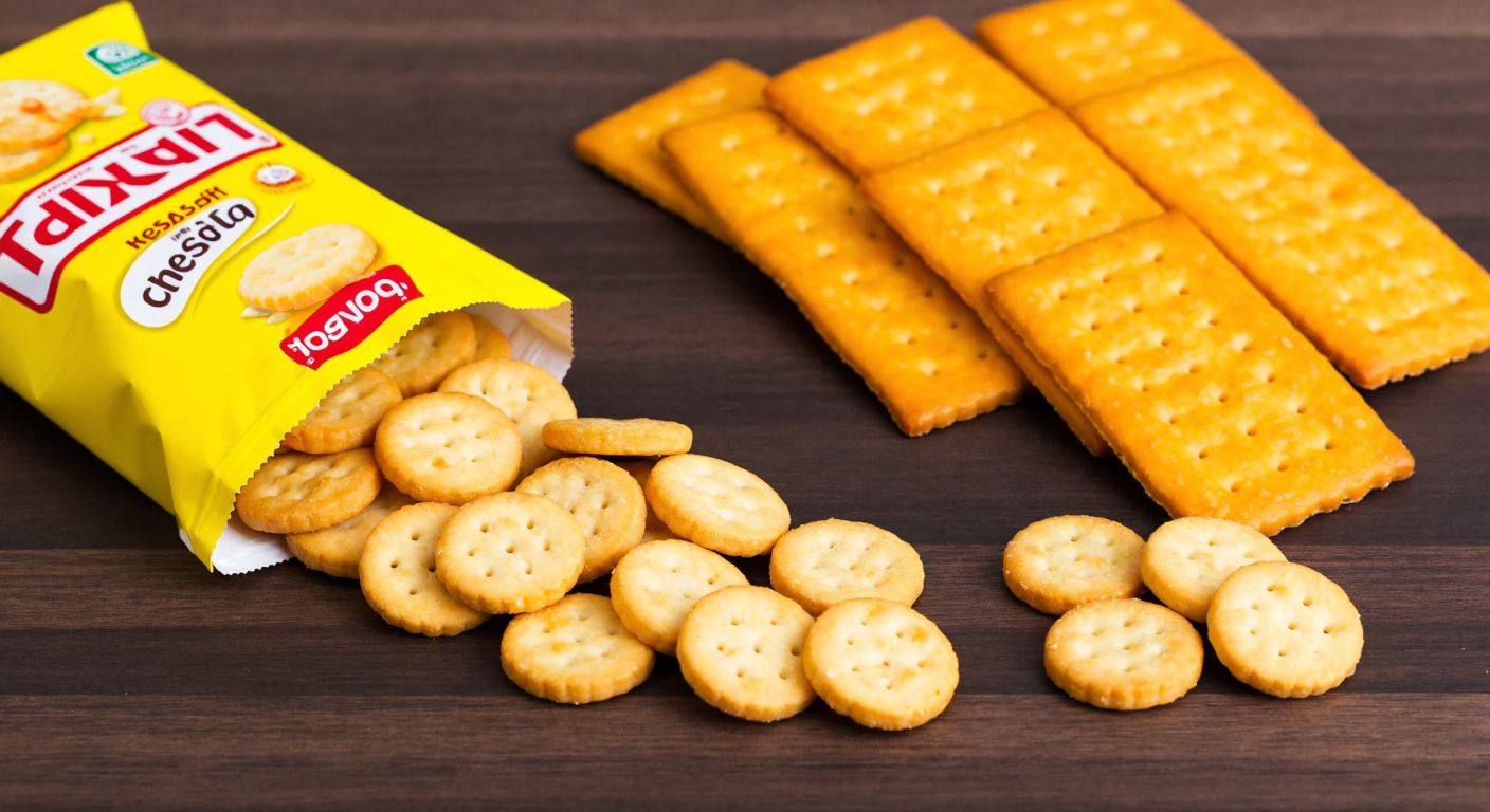 A close-up of a bright yellow package of Torku Tatkrak cheese crackers spilling onto a wooden table, with exactly 24 golden-brown crackers neatly arranged in rows beside it, evoking a sense of crispiness and savory delight.