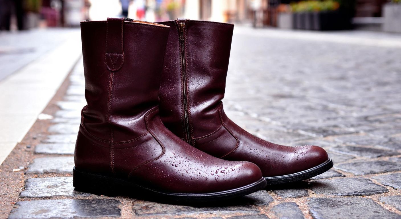 A pair of sturdy, dark brown leather boots with a slightly matte finish, resting on a cobblestone street in Istanbul, with raindrops beading on their surface to highlight their water-resistant quality.
