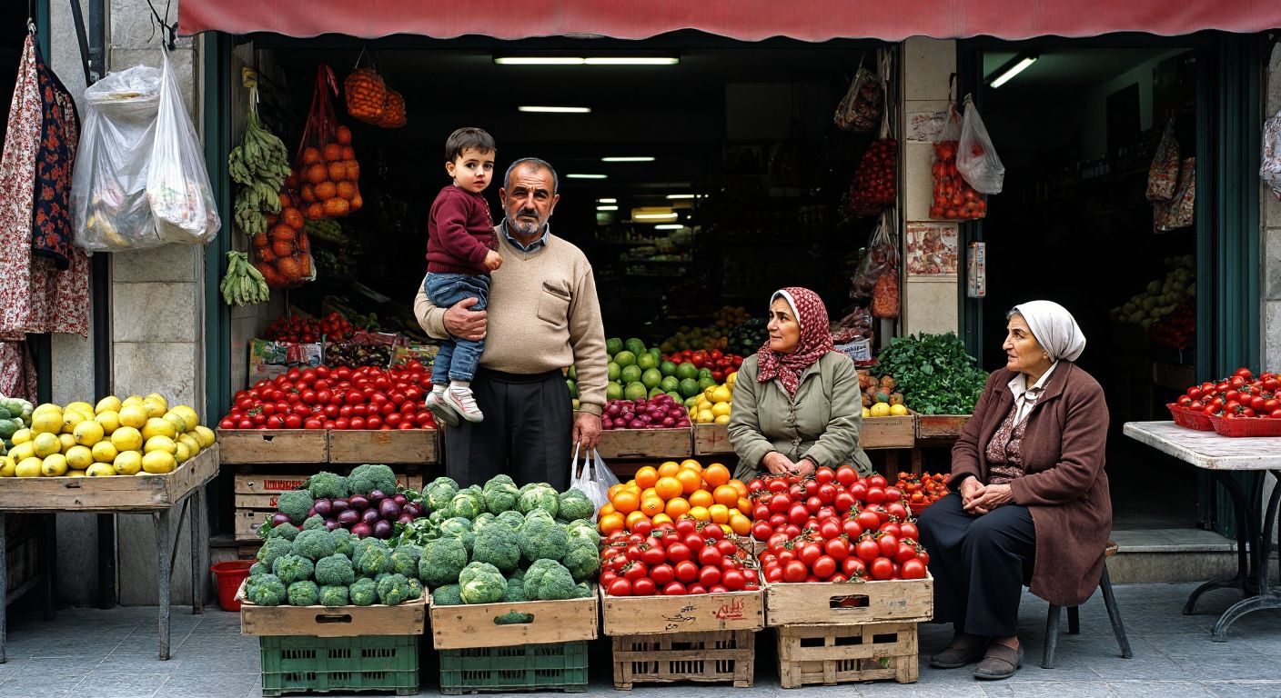 A bustling Turkish marketplace with a middle-aged vendor (bağımsız nüfus) selling fresh produce while balancing a toddler on his hip (bağımlı nüfus) and an elderly woman (bağımlı nüfus) watching from a nearby bench.  

(Note: The description avoids all prohibited elements while capturing the economic activity of the independent population and the dependent young/elderly groups in a culturally specific setting.)