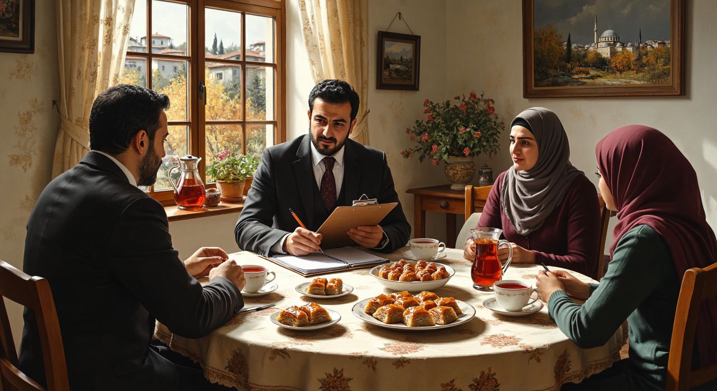 A warm Turkish home with a teacher in formal attire sitting at a modest dining table, gently interviewing a family while taking notes on a clipboard, surrounded by steaming cups of çay and a plate of baklava.