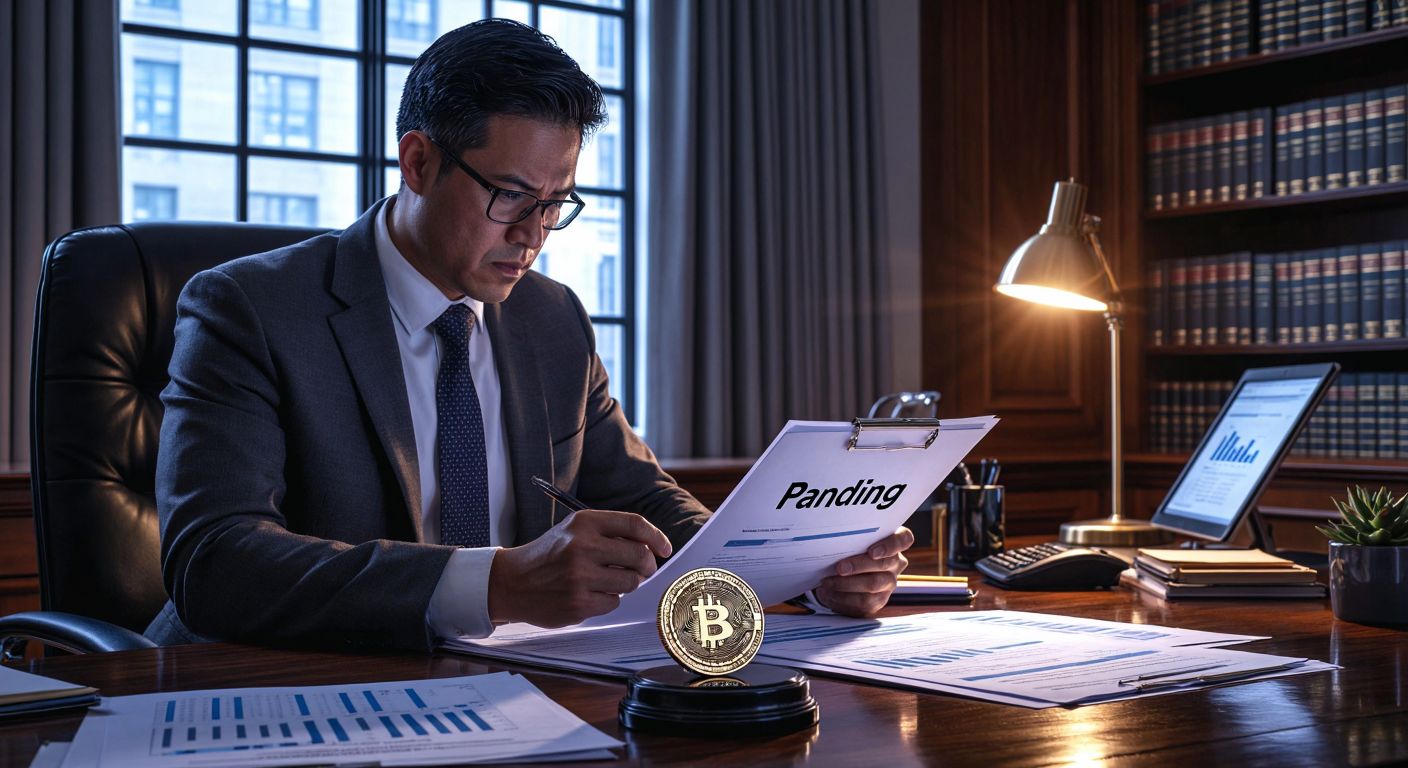 A tense financial analyst in a sleek office reviews documents with a "Pending" stamp, while a digital HBAR coin hovers over a glowing SEC seal on a desk.