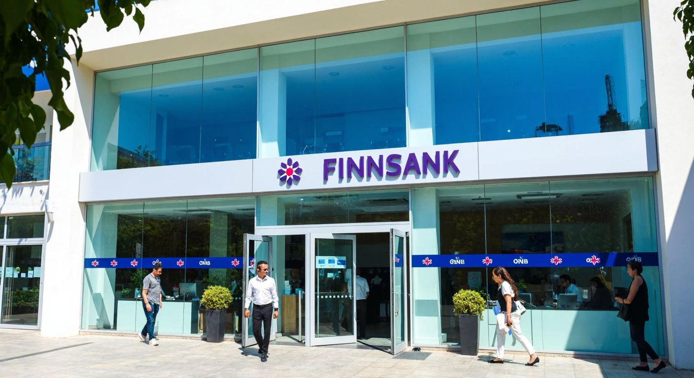A modern bank branch in Buca, İzmir, with a clean glass facade, a QNB Finansbank logo, and people entering through its doors under the warm Turkish sun.