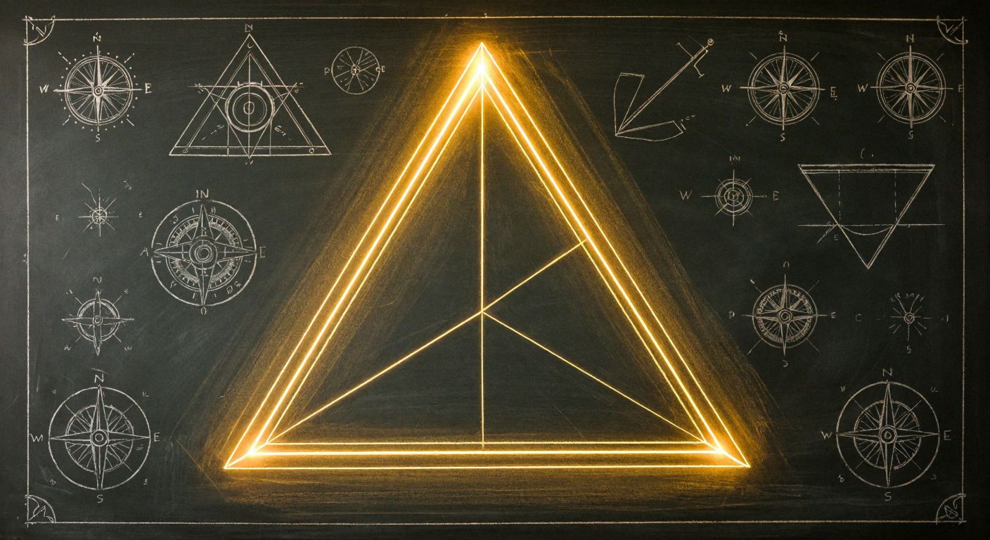 A glowing right triangle on a chalkboard, with a bold median line splitting the hypotenuse into two equal segments, surrounded by faint geometric shapes and compasses in the background.