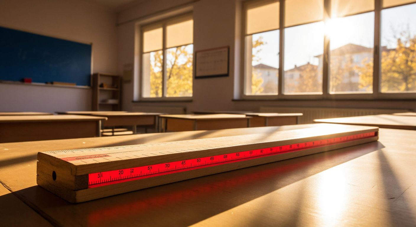 A wooden ruler lies on a sunlit table in a Turkish classroom, with a bright red line marking exactly 5 centimeters against its grain.