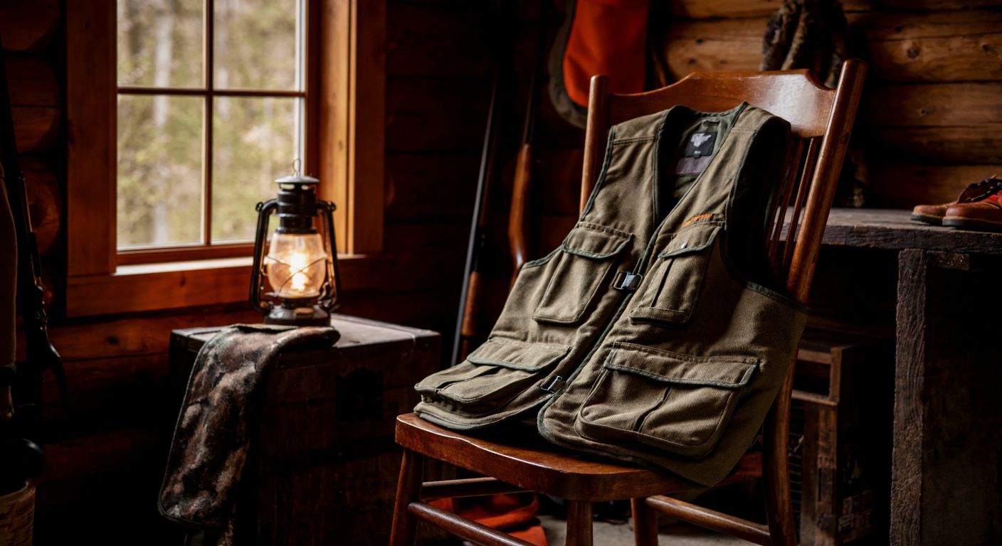 A weathered but sturdy olive-green hunting vest with reinforced stitching lies draped over a wooden chair in a rustic cabin, surrounded by well-maintained hunting gear and a warm glow from a lantern.