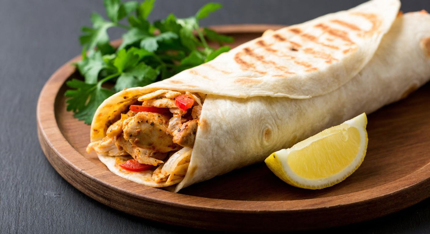A golden-brown, tightly wrapped Hatay dürüm filled with juicy, spiced chicken döner and vibrant sauces, resting on a rustic wooden plate beside fresh parsley and lemon wedges, evoking warmth and appetite.