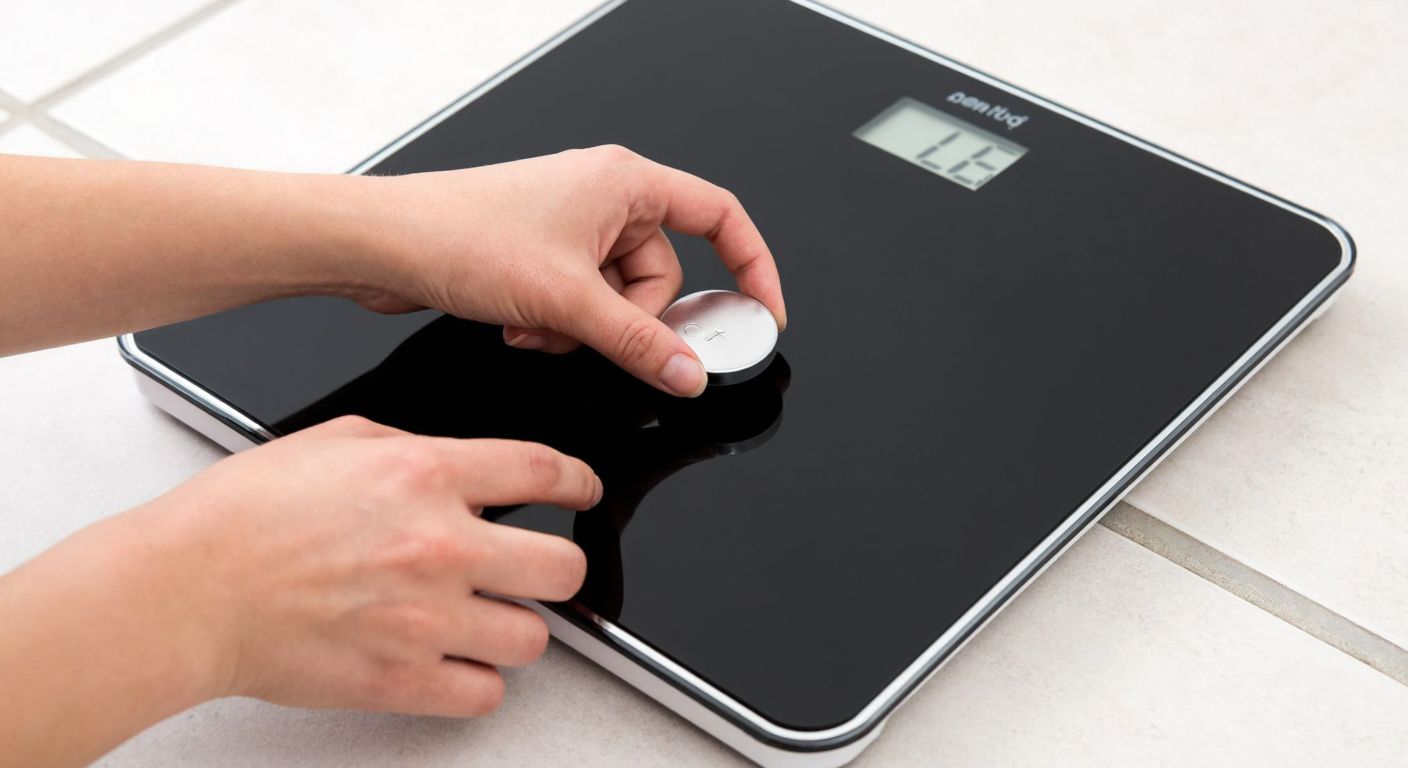 A close-up of a person's hands carefully inserting a small round battery into the compartment of a sleek bathroom scale placed on a tiled floor.