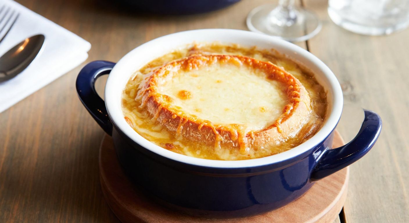 A steaming bowl of golden-brown French onion soup with melted cheese on top, placed on a rustic wooden table in a cozy Parisian bistro.