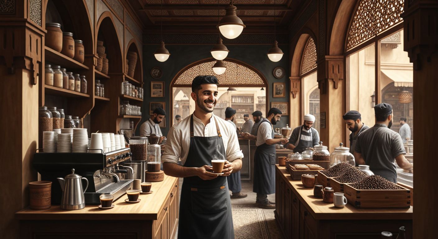 A bustling Middle Eastern-style coffee shop with warm wooden decor, filled with the rich aroma of freshly brewed coffee, where a smiling barista in an apron serves customers amid shelves of coffee beans and traditional brass pots.