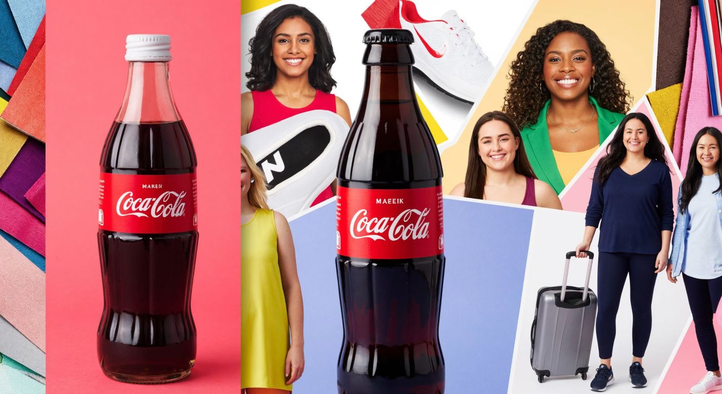A vibrant collage featuring a Coca-Cola bottle with a personalized name label, a Nike sneaker mid-stride, a diverse group of smiling women representing Dove’s campaign, and an Airbnb traveler holding a suitcase, all set against a backdrop of colorful marketing materials.