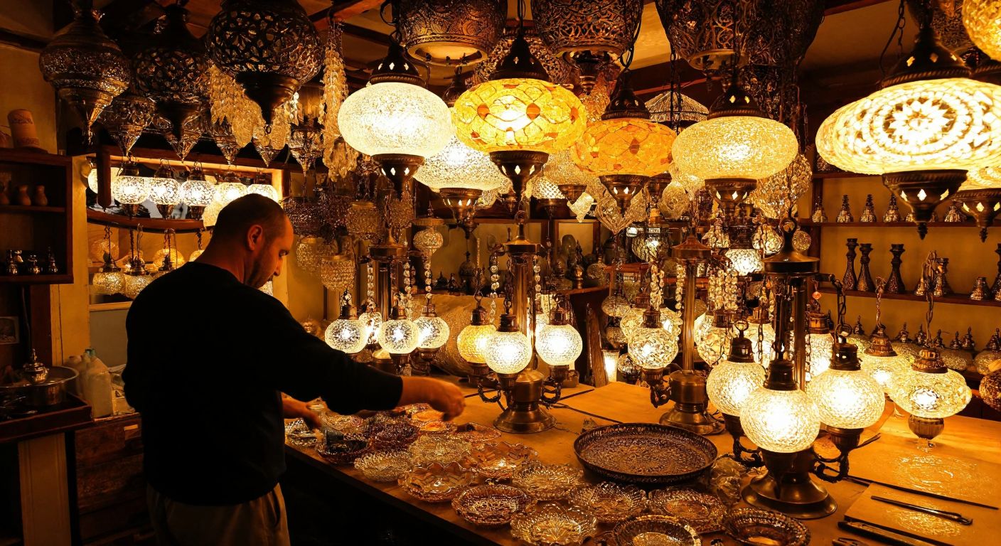 A warmly lit traditional Turkish chandelier shop in Ankara, with craftsmen carefully assembling ornate glass and metal fixtures under golden light.
