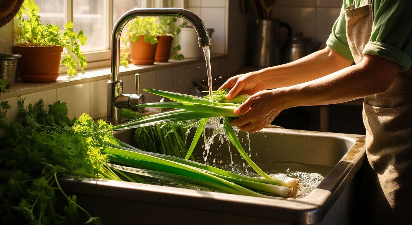 A pair of hands carefully washing fresh leeks under a running faucet in a sunlit Turkish kitchen, with green leaves and sand particles visible in the sink.