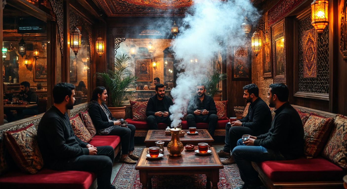 A cozy, dimly lit traditional Turkish nargile café with plush cushions, ornate brass hookahs, and steaming cups of tea, where a group of relaxed patrons enjoy conversation in a smoke-filled ambiance.