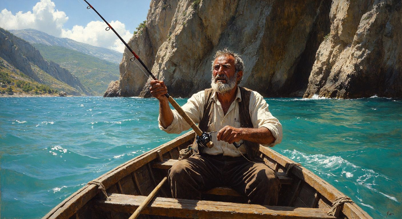 A weathered Turkish fisherman in a small wooden boat holds a sturdy two-piece fishing rod with a determined expression, casting into the turquoise waters near rocky cliffs under a bright sun.