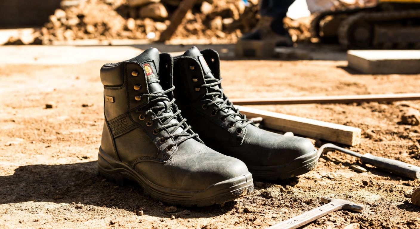A sturdy pair of black leather work boots with a steel toe cap rests on a rough construction site floor, surrounded by scattered tools and dust, under warm sunlight.