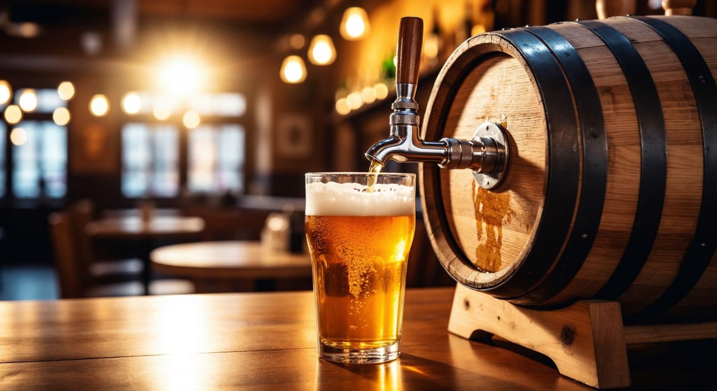 A sturdy plastic tap attached to a wooden beer barrel in a cozy Turkish pub, with golden beer flowing smoothly into a frosted glass.