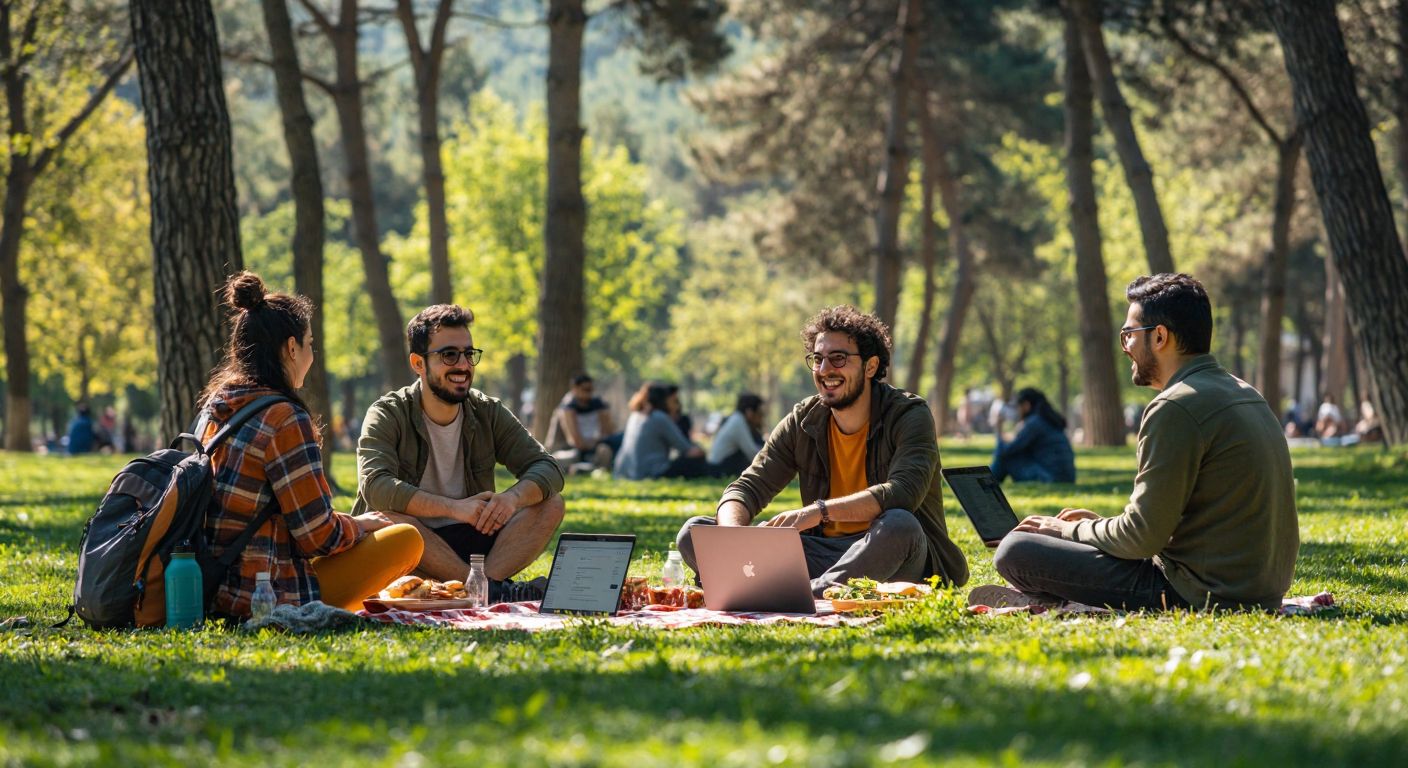A cheerful group of people in a sunny Turkish park enjoying outdoor activities like hiking and picnicking, while a focused developer sits nearby with a laptop, symbolizing the contrast between recreation and automation.