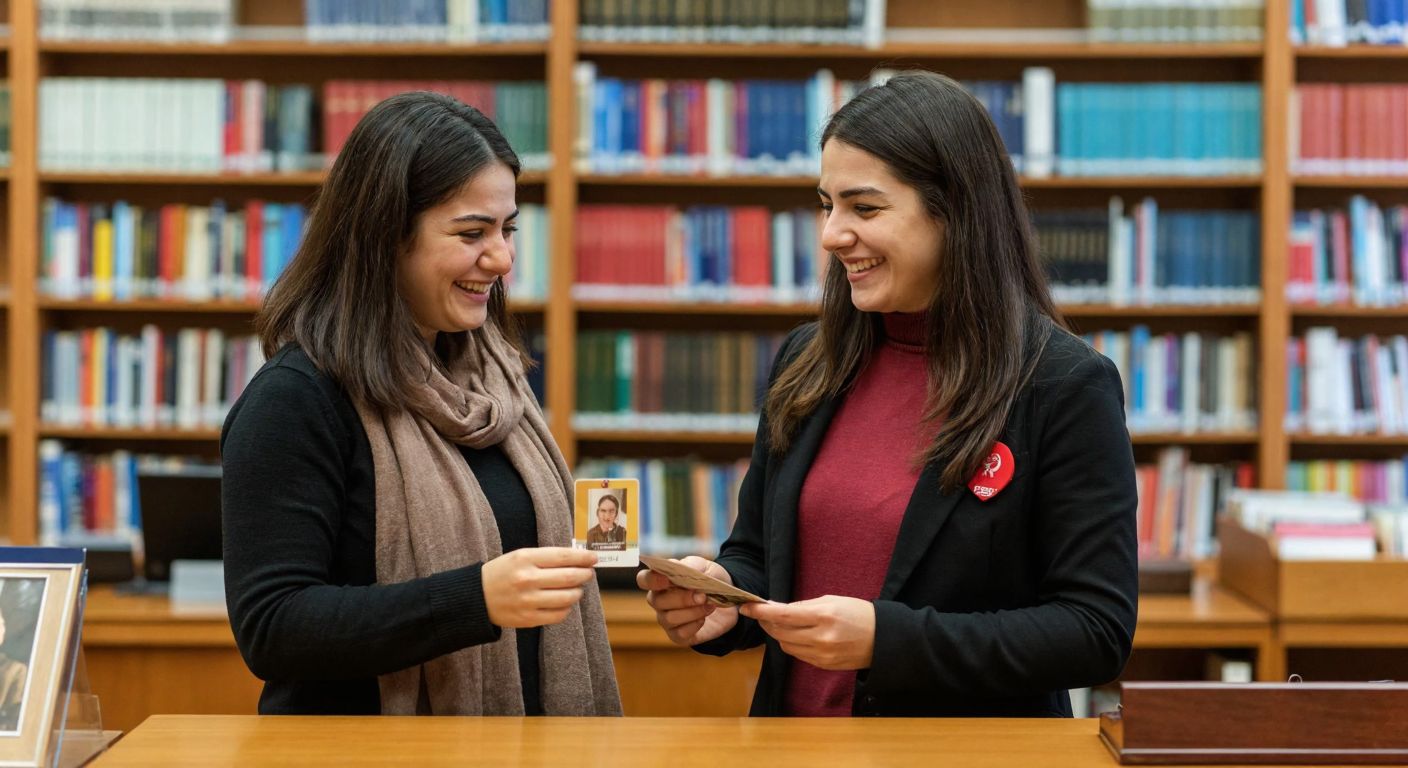 A smiling Turkish woman in a library hands her national ID card and a photograph to a librarian behind a wooden counter, with shelves of books in the background.